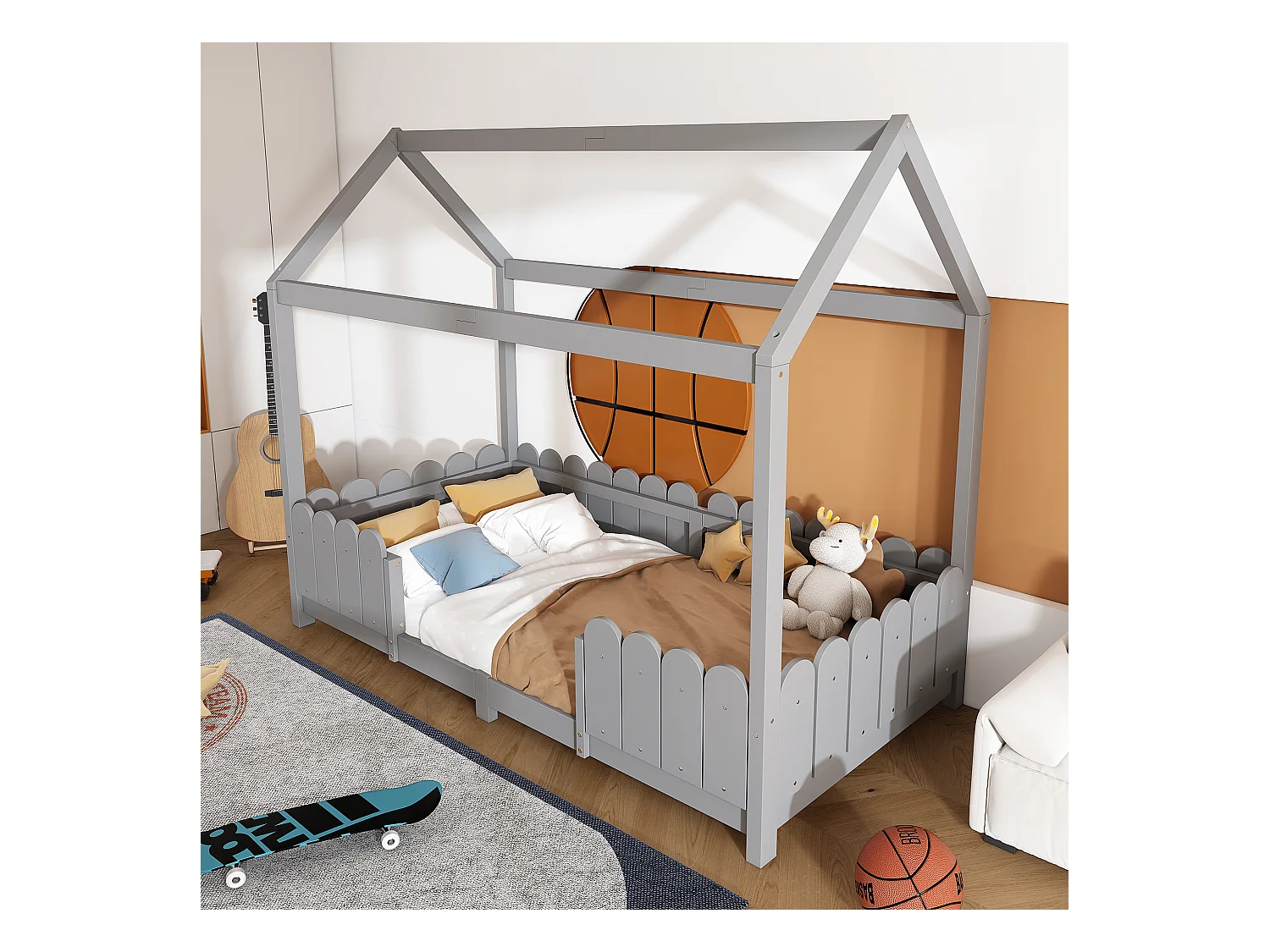 Lit cabane enfant gris 90x200cm avec barrière de sécurité, pin + MDF
