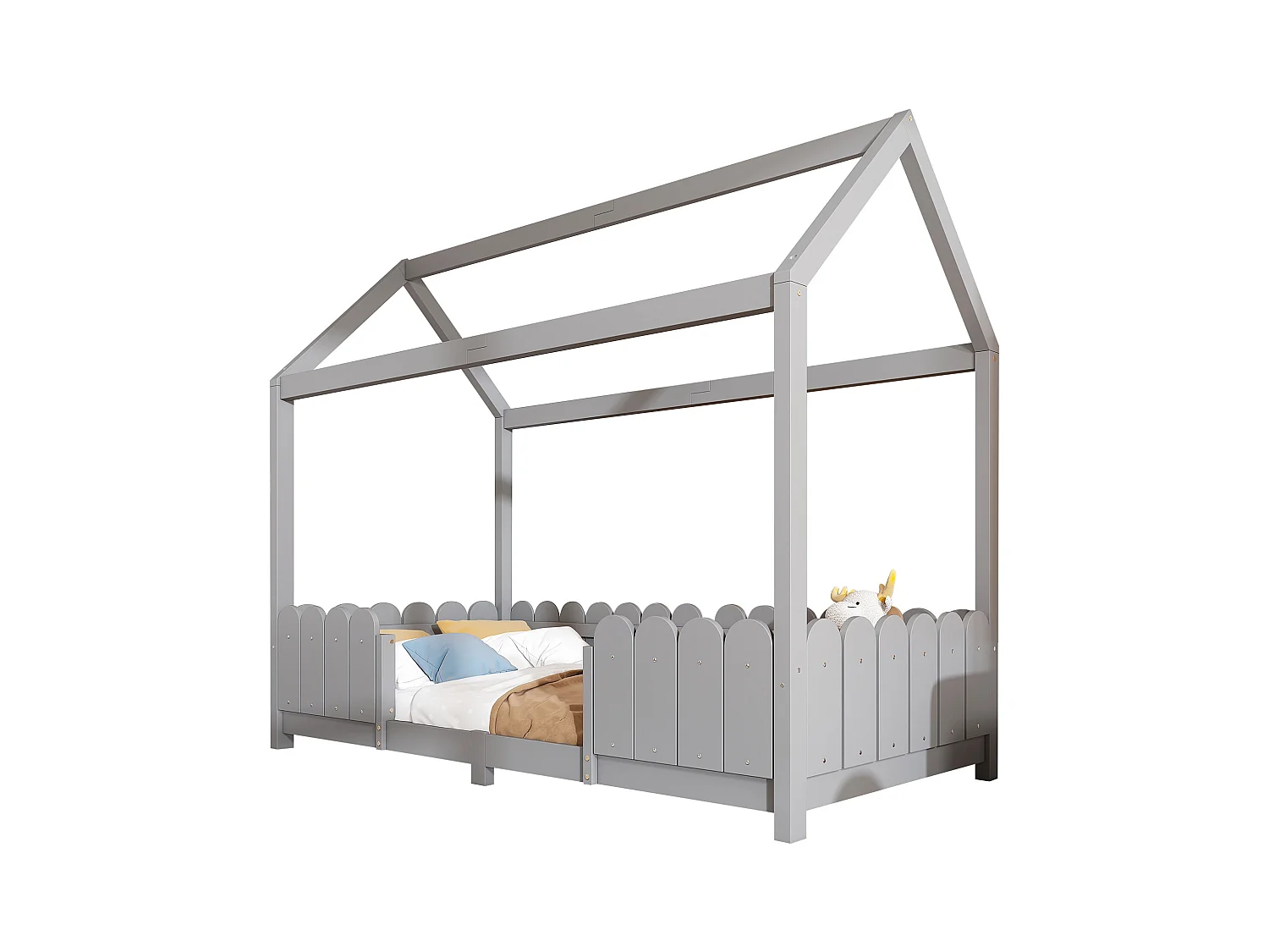 Lit cabane enfant gris 90x200cm avec barrière de sécurité, pin + MDF