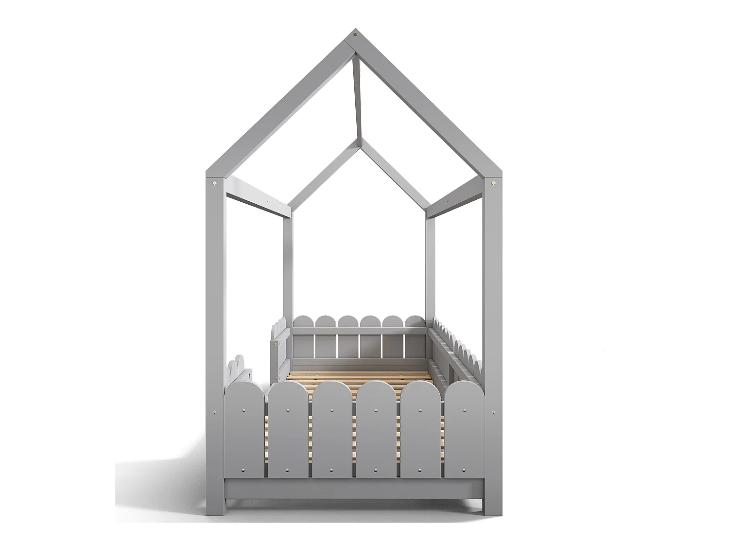 Lit cabane enfant gris 90x200cm avec barrière de sécurité, pin + MDF