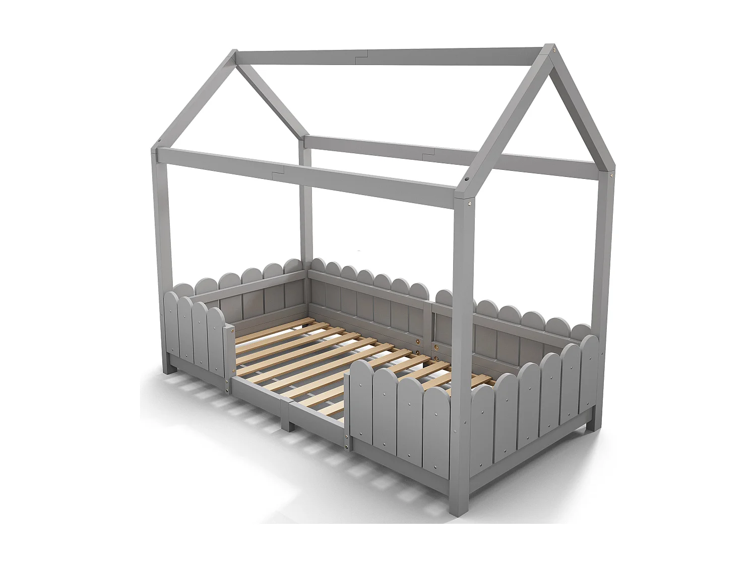 Lit cabane enfant gris 90x200cm avec barrière de sécurité, pin + MDF