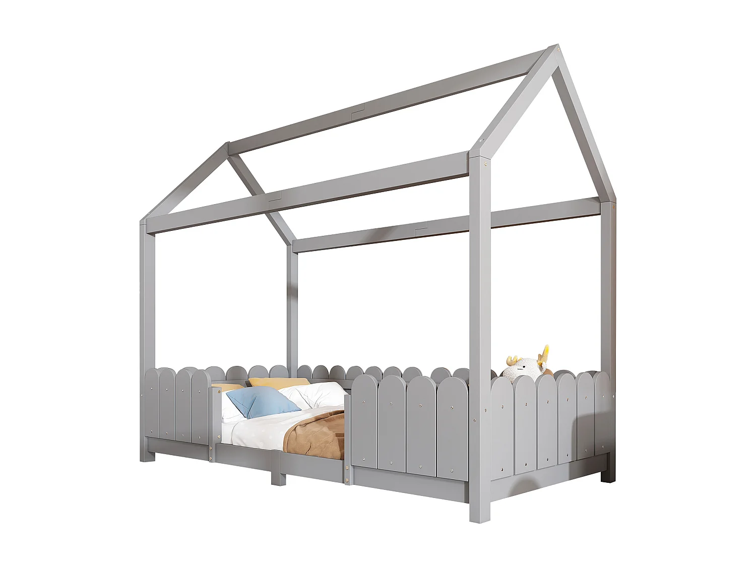 Lit cabane enfant gris 90x200cm avec barrière de sécurité, pin + MDF