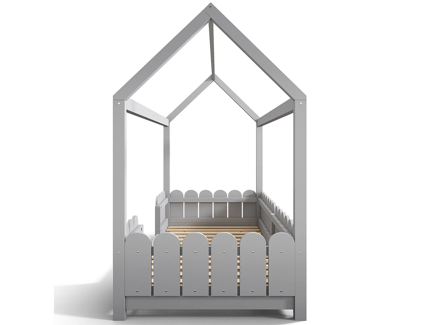 Lit cabane enfant gris 90x200cm avec barrière de sécurité, pin + MDF