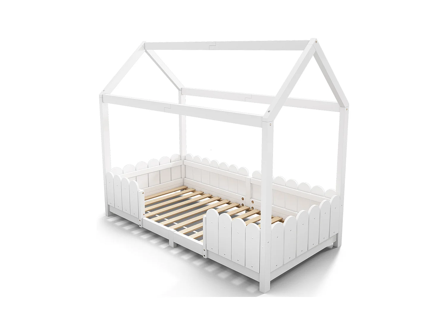 Lit cabane enfant blanc 90x200cm avec barrière de sécurité, pin + MDF