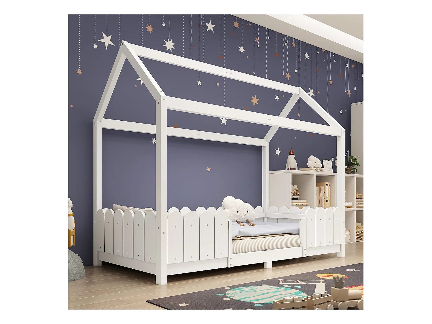 Lit cabane enfant blanc 90x200cm avec barrière de sécurité, pin + MDF