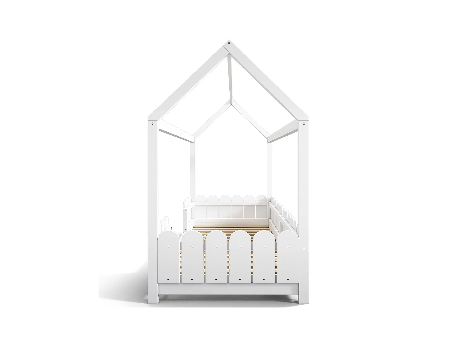 Lit cabane enfant blanc 90x200cm avec barrière de sécurité, pin + MDF