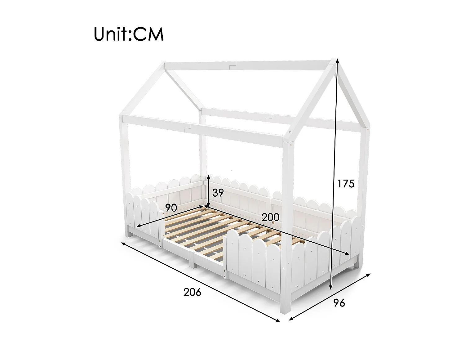 Lit cabane enfant blanc 90x200cm avec barrière de sécurité, pin + MDF