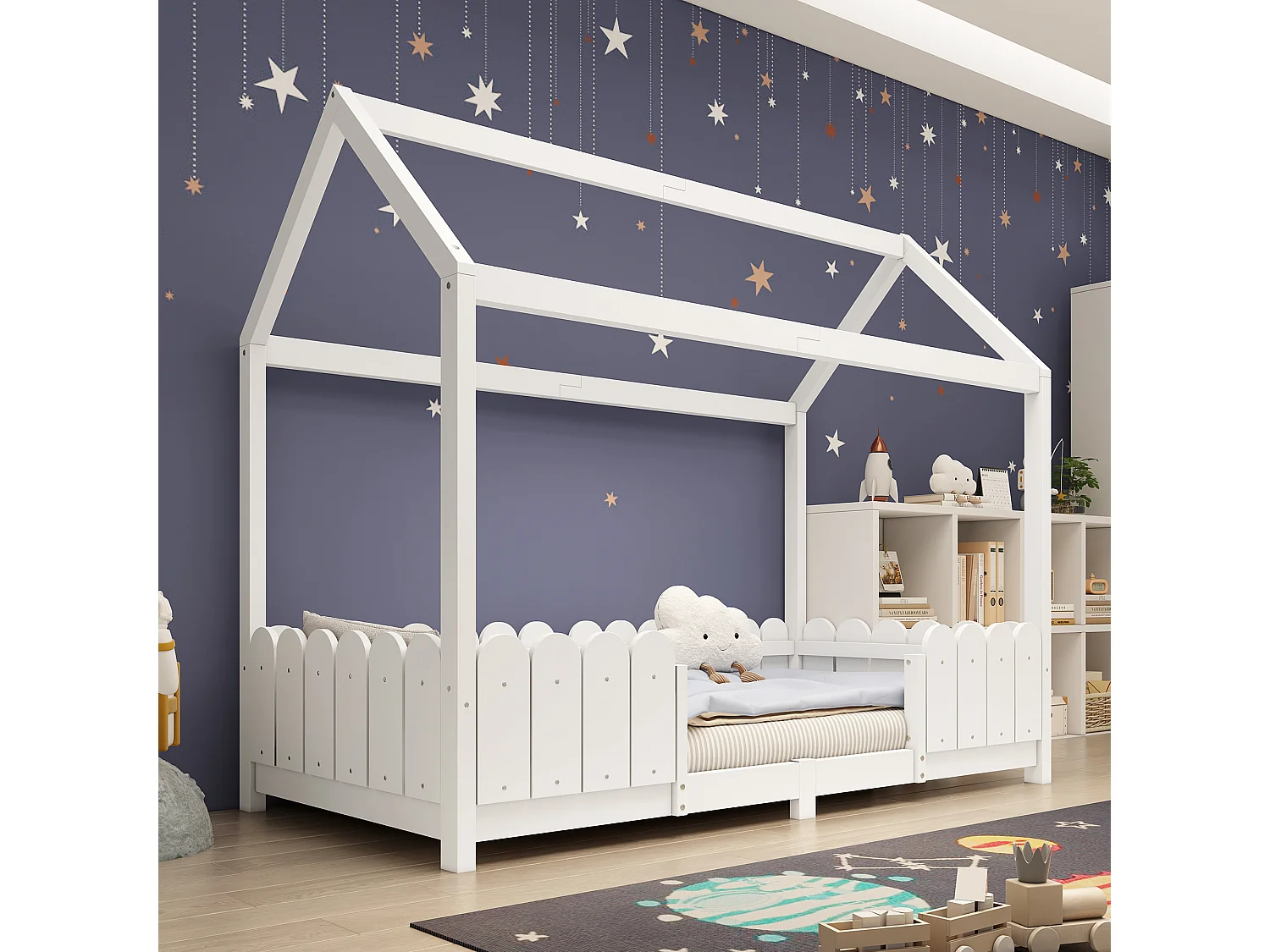 Lit cabane enfant blanc 90x200cm avec barrière de sécurité, pin + MDF