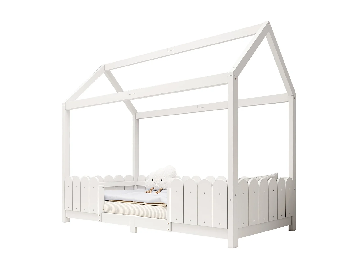 Lit cabane enfant blanc 90x200cm avec barrière de sécurité, pin + MDF