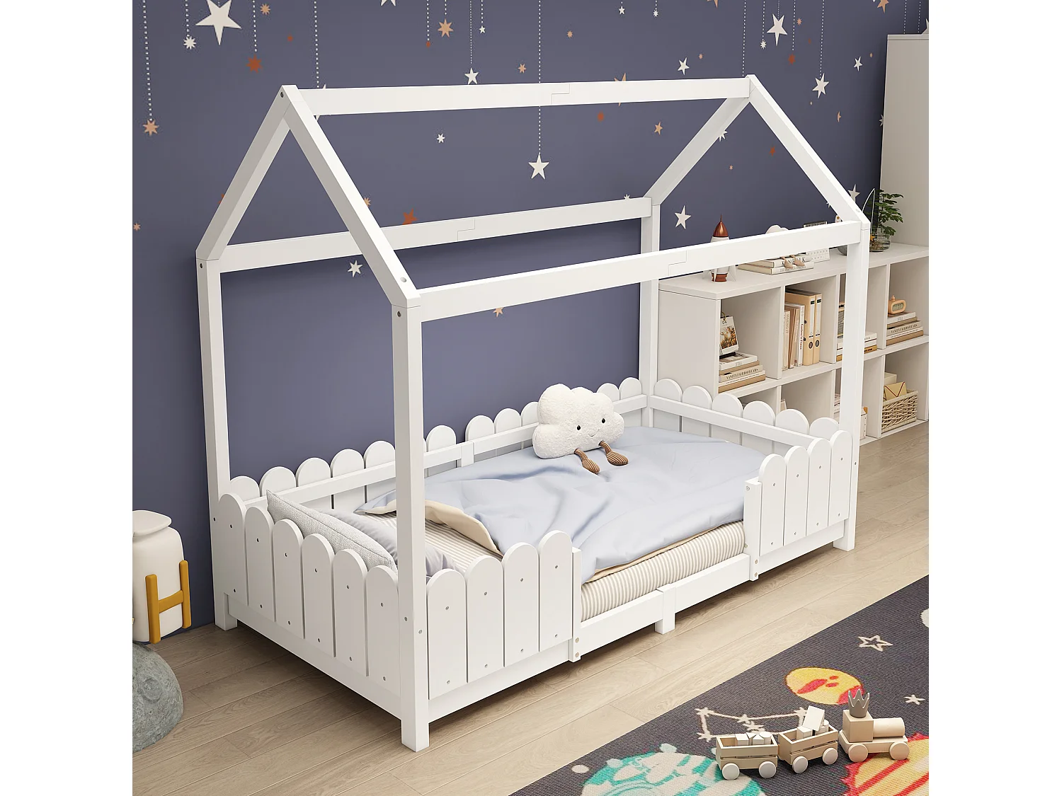 Cama infantil blanca de 90x200cm con barandilla de seguridad, pino + MDF