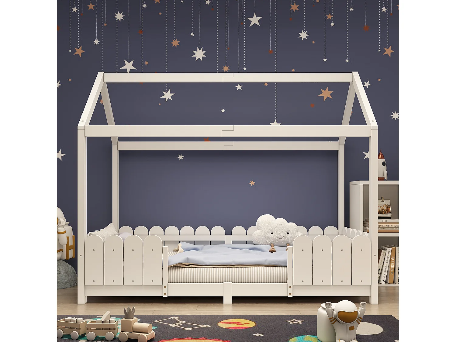 Cama infantil blanca de 90x200cm con barandilla de seguridad, pino + MDF