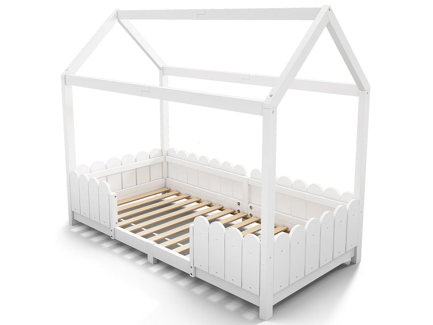 Cama infantil blanca de 90x200cm con barandilla de seguridad, pino + MDF