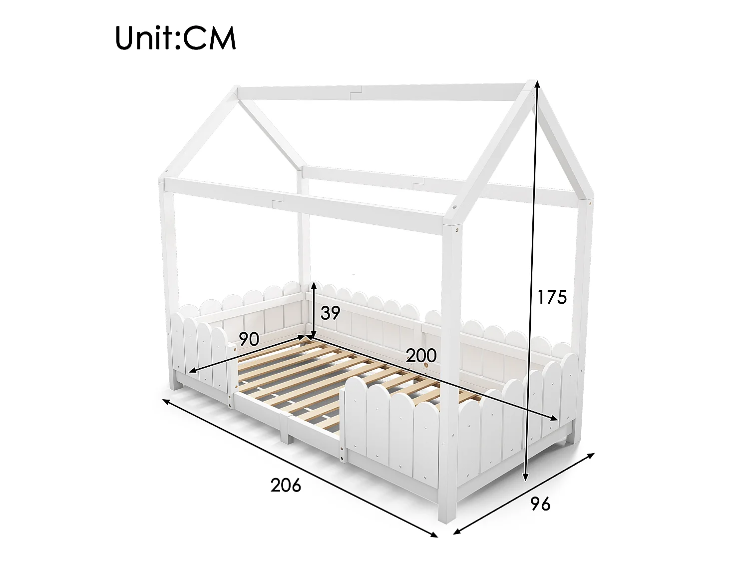 Cama infantil blanca de 90x200cm con barandilla de seguridad, pino + MDF