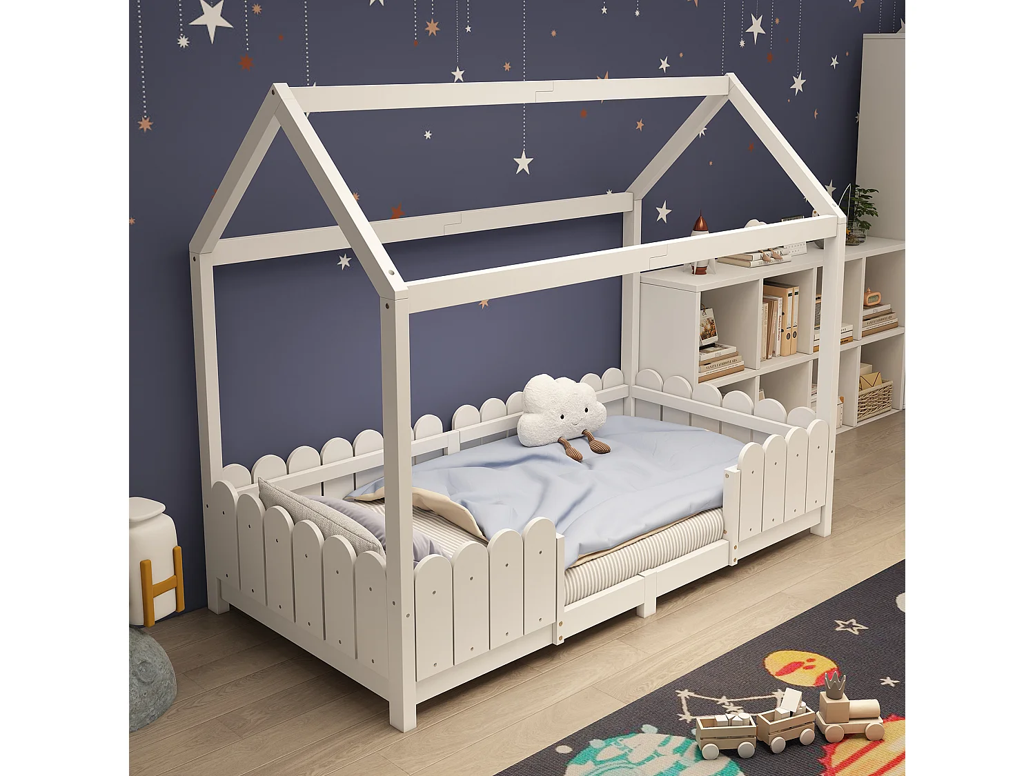 Cama infantil blanca de 90x200cm con barandilla de seguridad, pino + MDF