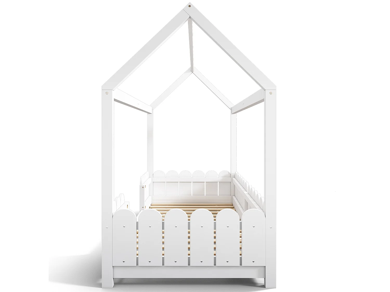 Cama infantil blanca de 90x200cm con barandilla de seguridad, pino + MDF