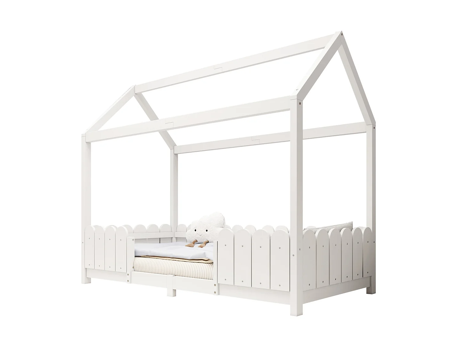 Cama infantil blanca de 90x200cm con barandilla de seguridad, pino + MDF