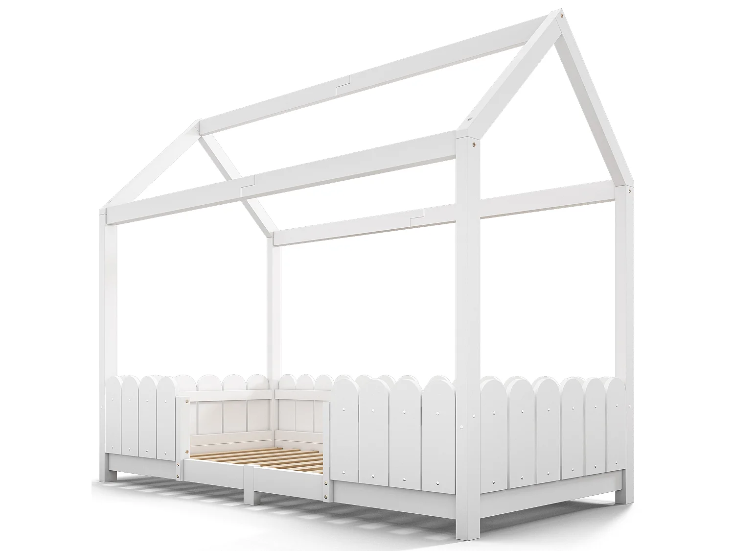 Cama infantil blanca de 90x200cm con barandilla de seguridad, pino + MDF