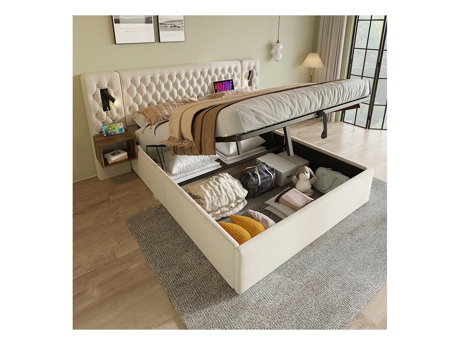 Lit coffre double 180x200cm avec 2 tables de chevet, liseuse et USB, velours beige, sans matelas