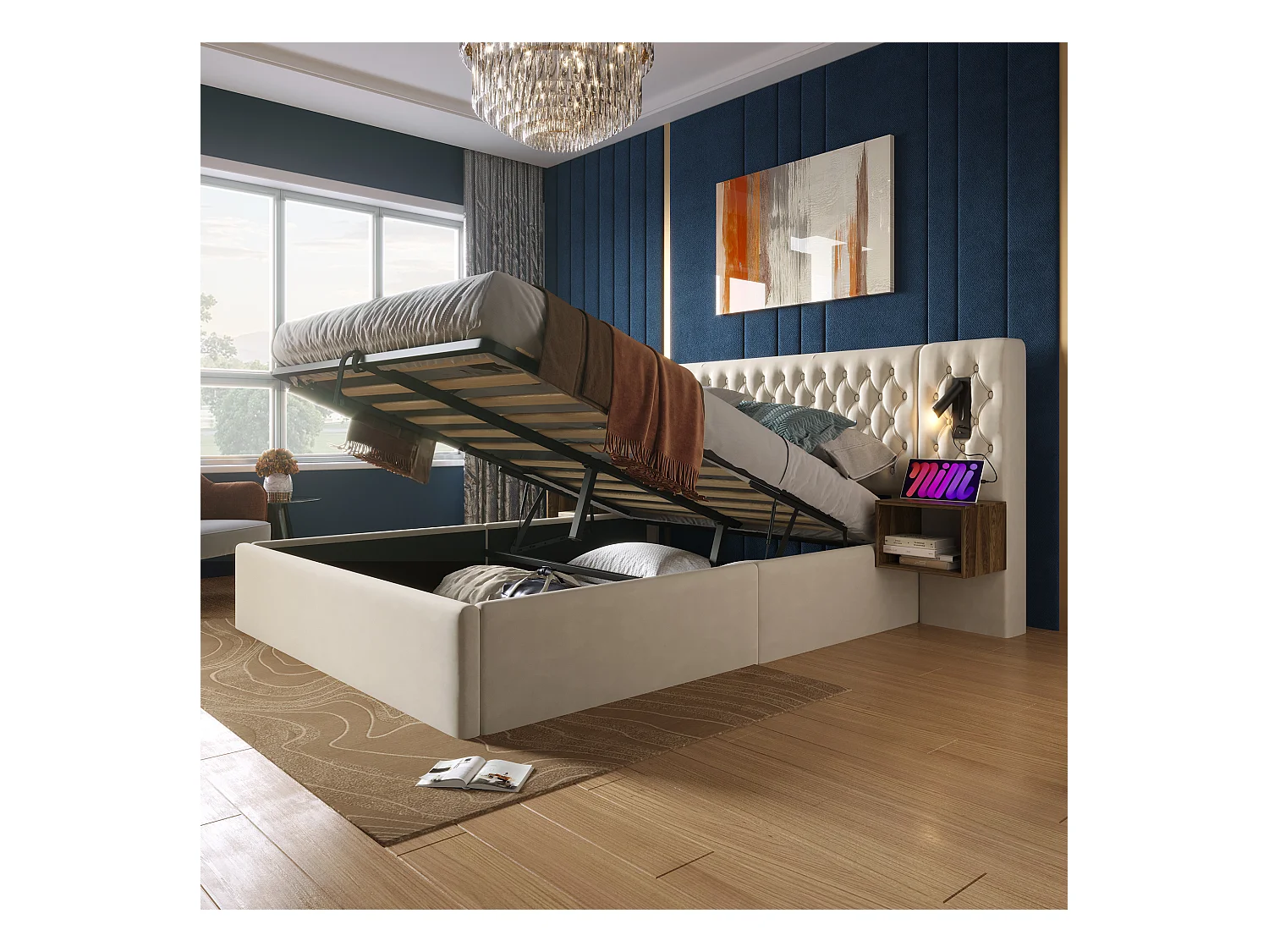 Lit coffre double 180x200cm avec 2 tables de chevet, liseuse et USB, velours beige, sans matelas