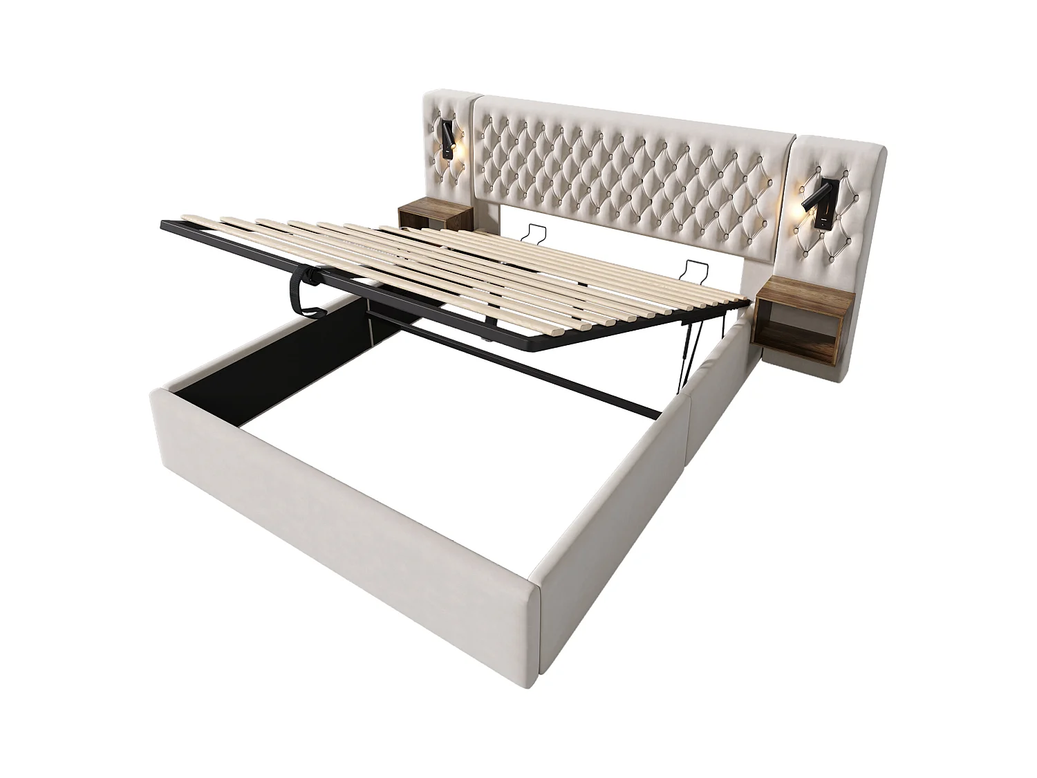 Lit coffre double 180x200cm avec 2 tables de chevet, liseuse et USB, velours beige, sans matelas