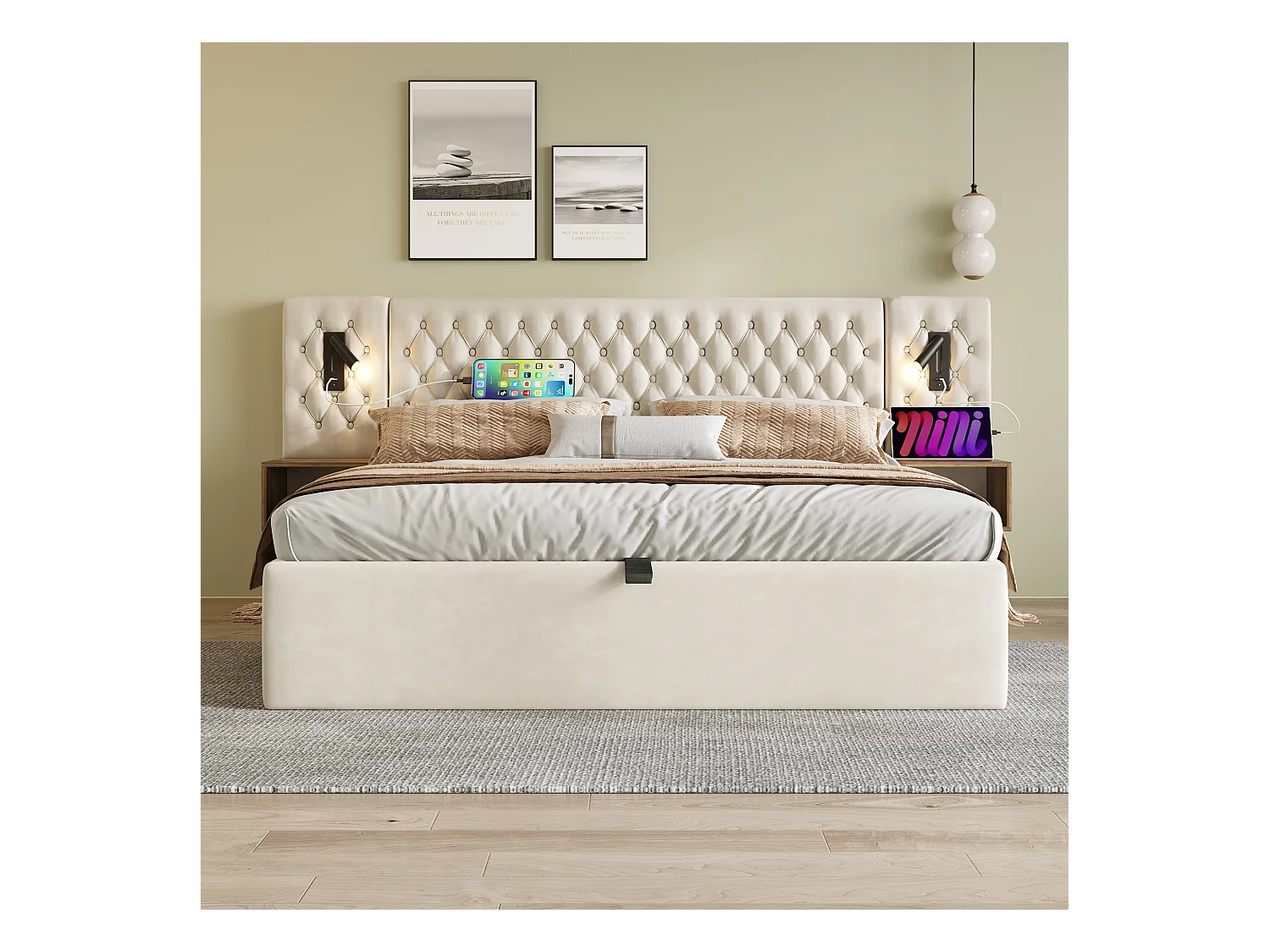 Lit coffre double 180x200cm avec 2 tables de chevet, liseuse et USB, velours beige, sans matelas