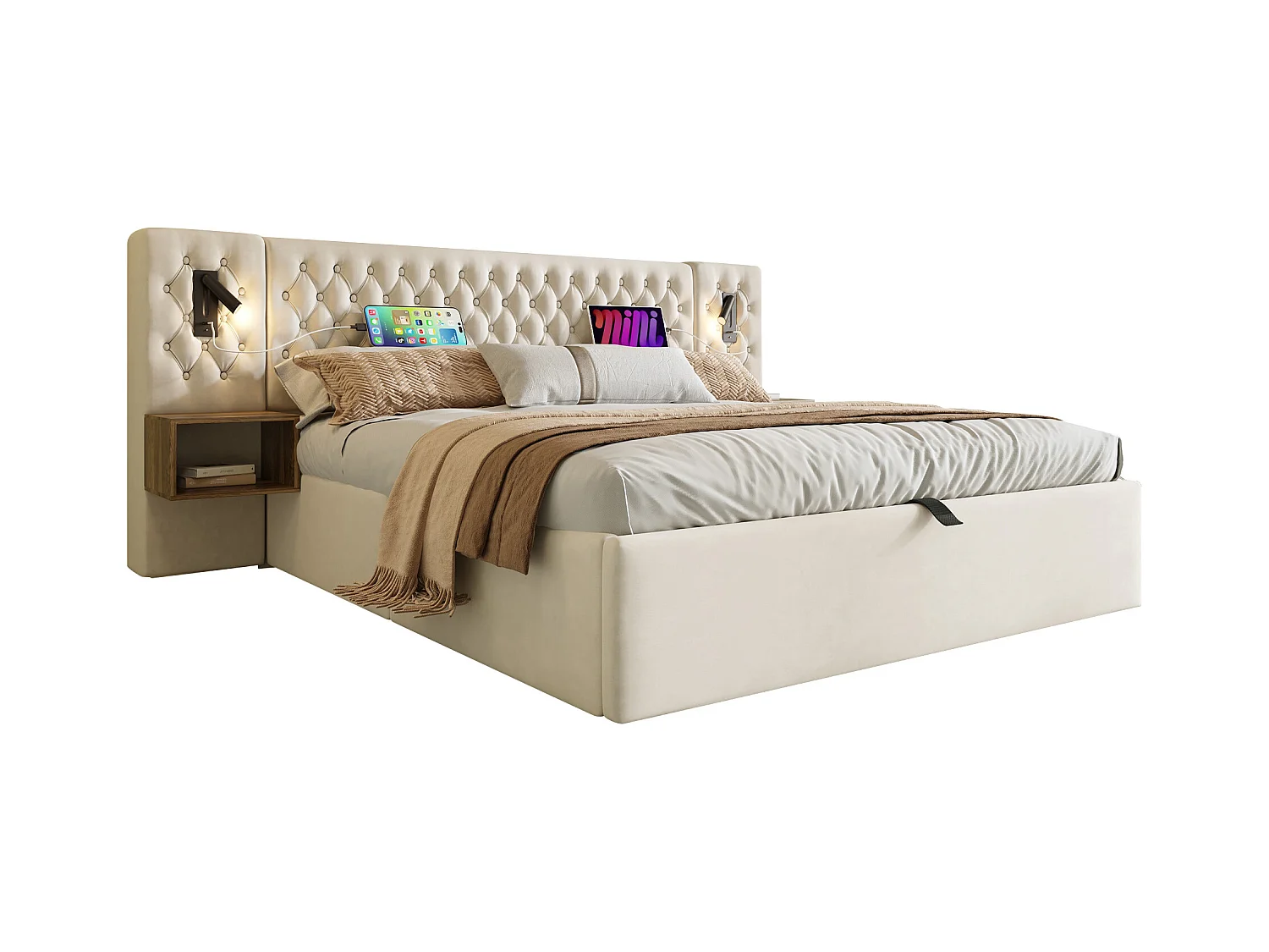 Lit coffre double 180x200cm avec 2 tables de chevet, liseuse et USB, velours beige, sans matelas