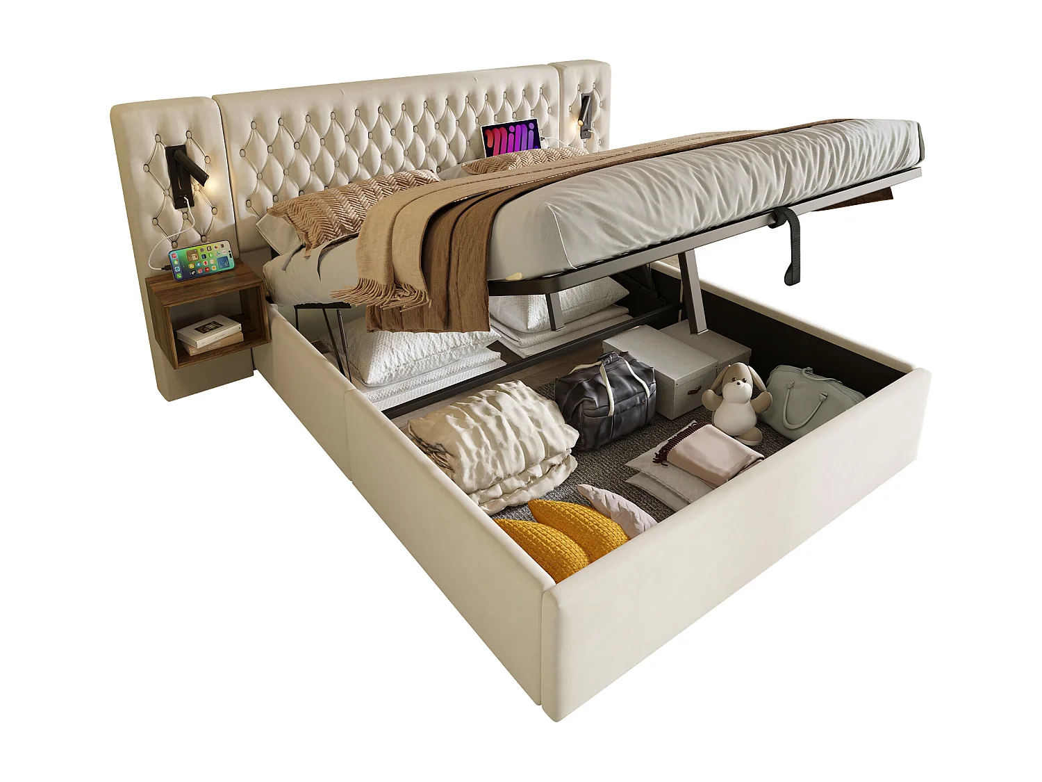 Lit coffre double 180x200cm avec 2 tables de chevet, liseuse et USB, velours beige, sans matelas