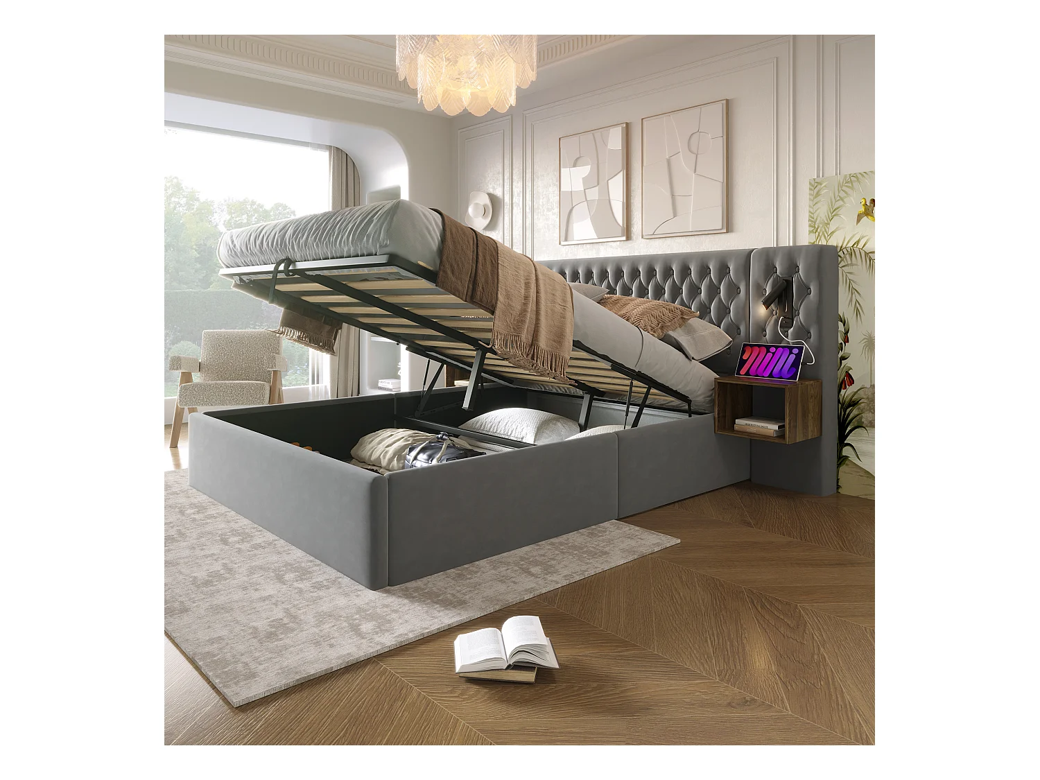 Lit coffre double 160x200cm avec 2 tables de chevet, liseuse et USB, velours gris, sans matelas