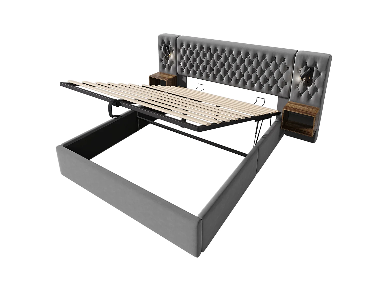 Lit coffre double 160x200cm avec 2 tables de chevet, liseuse et USB, velours gris, sans matelas