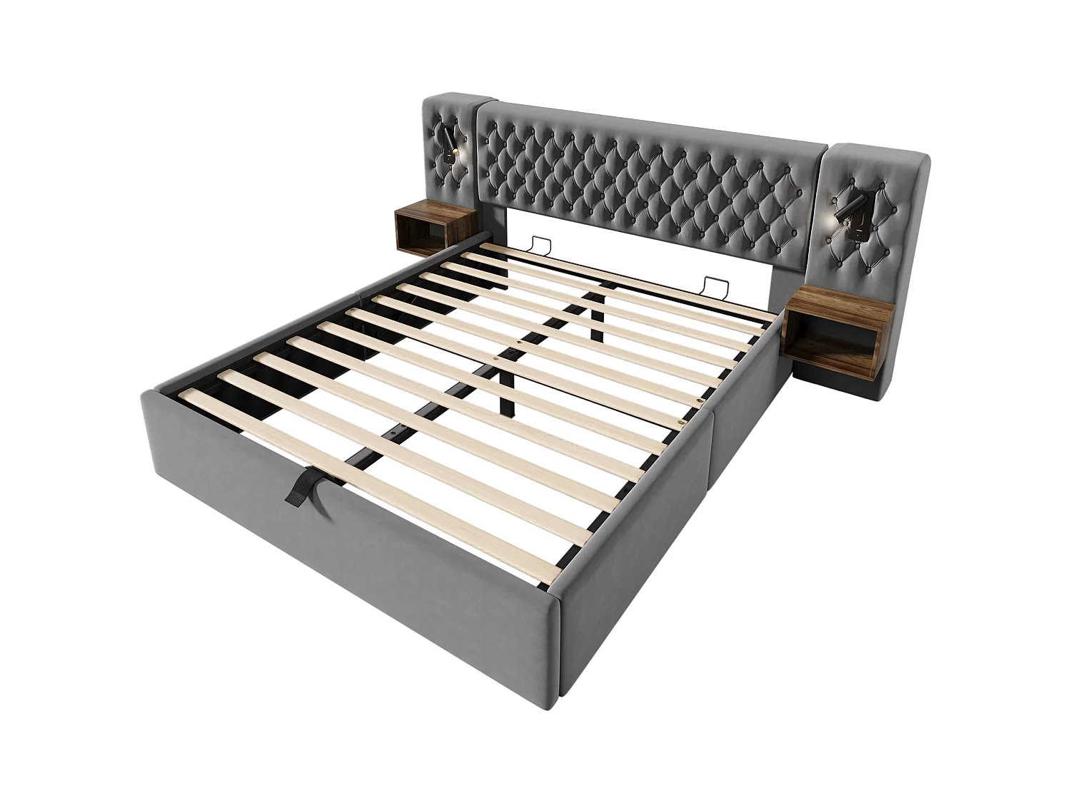 Lit coffre double 160x200cm avec 2 tables de chevet, liseuse et USB, velours gris, sans matelas