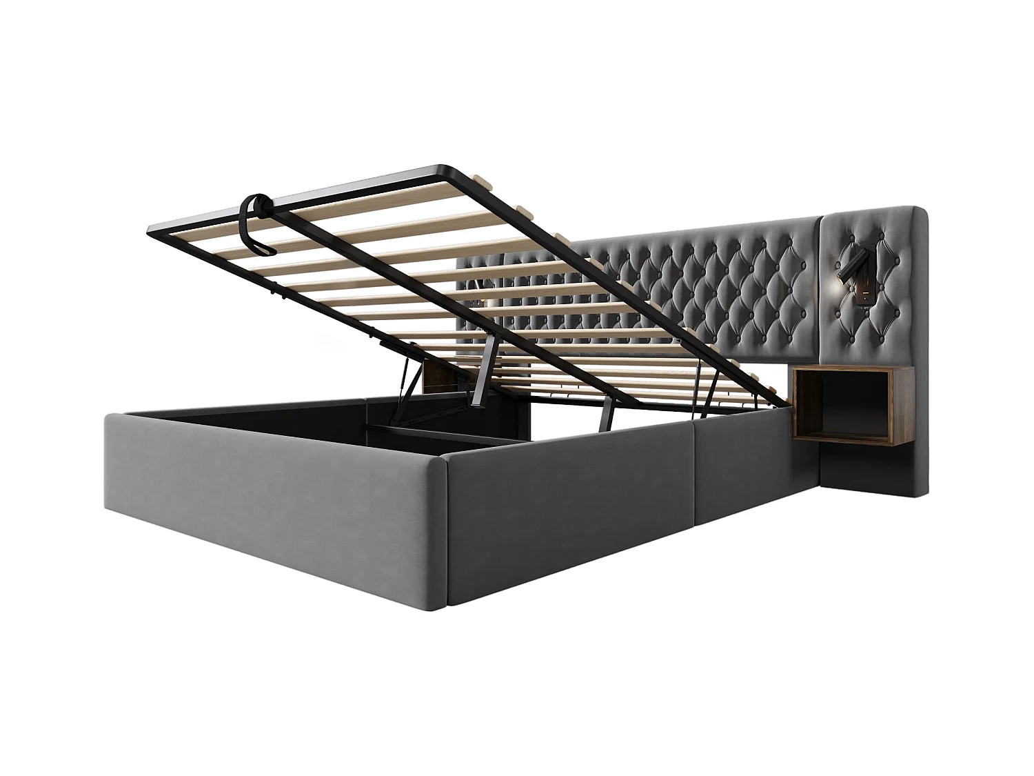 Lit coffre double 160x200cm avec 2 tables de chevet, liseuse et USB, velours gris, sans matelas