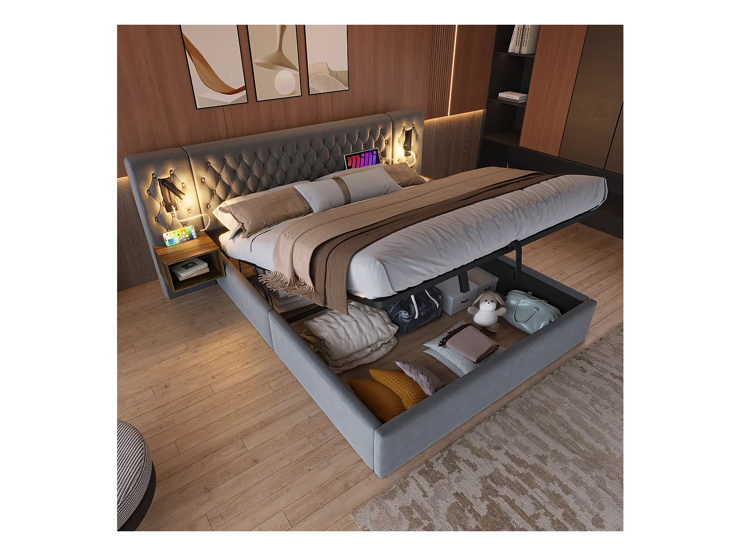 Lit coffre double 180x200cm avec 2 tables de chevet, liseuse et USB, velours gris, sans matelas