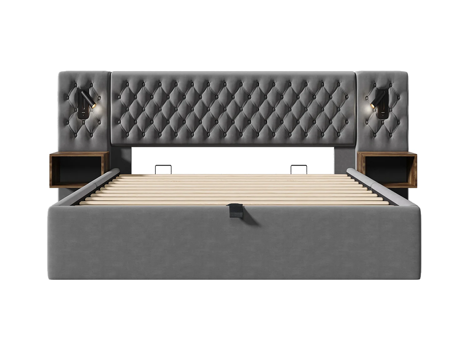 Lit coffre double 180x200cm avec 2 tables de chevet, liseuse et USB, velours gris, sans matelas