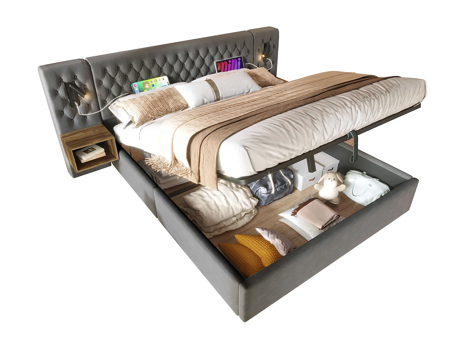 Lit coffre double 180x200cm avec 2 tables de chevet, liseuse et USB, velours gris, sans matelas