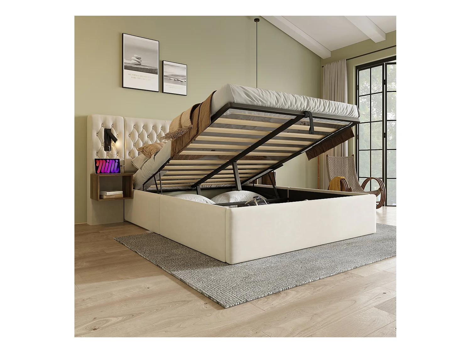 Letto matrimoniale contenitore 160x200cm con 2 comodini, luce di lettura e USB, velluto beige, senza materasso