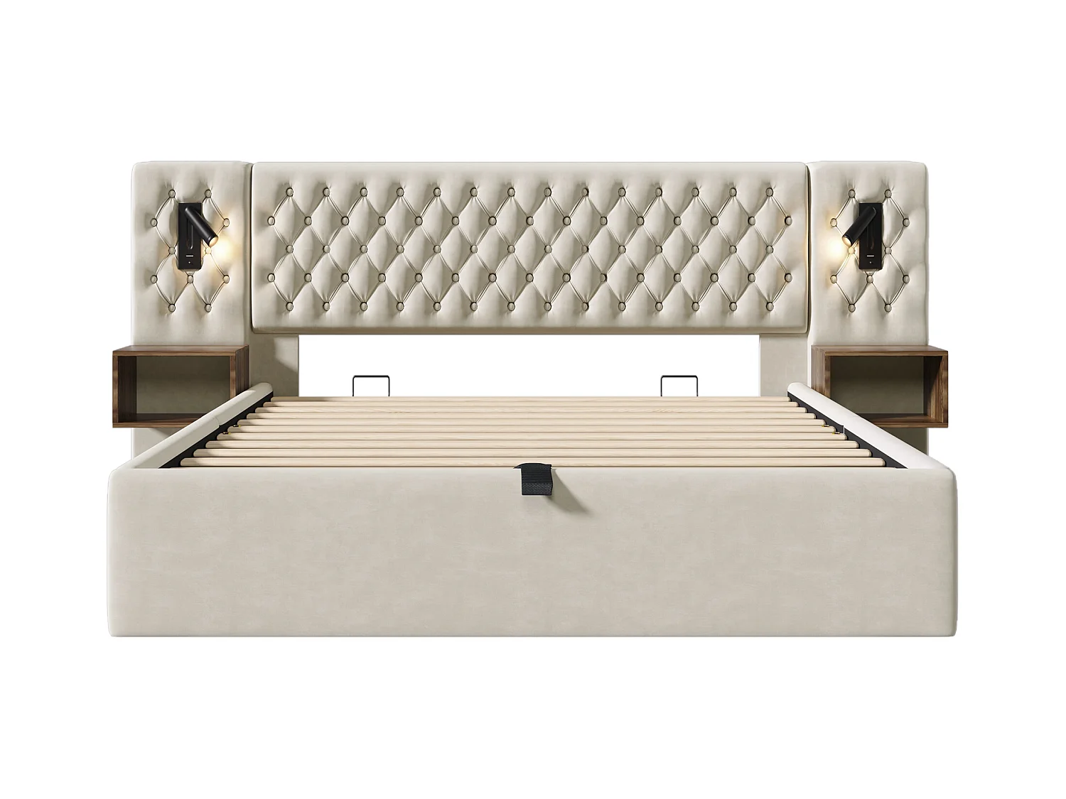 Letto matrimoniale contenitore 160x200cm con 2 comodini, luce di lettura e USB, velluto beige, senza materasso