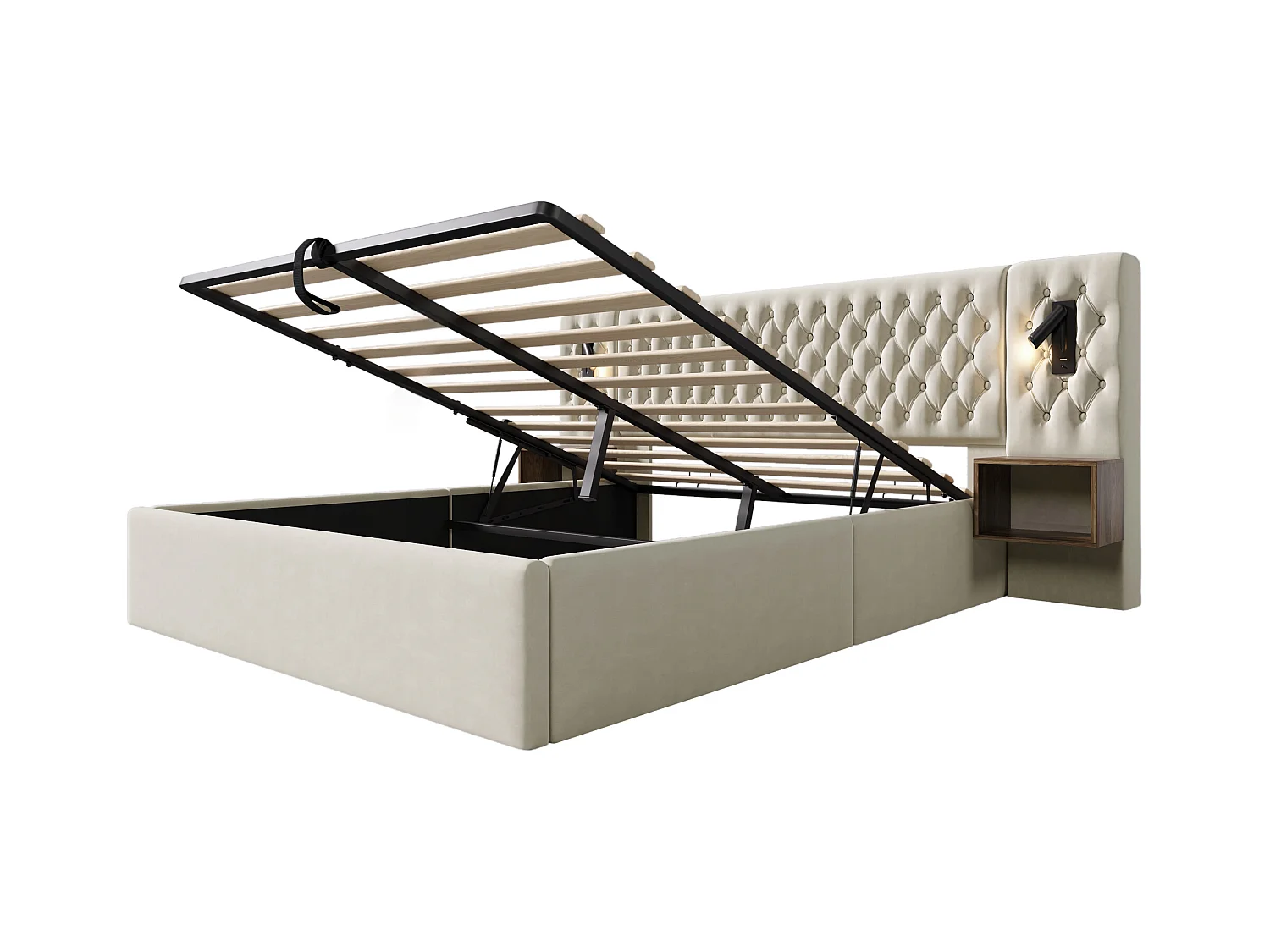Lit coffre double 160x200cm avec 2 tables de chevet, liseuse et USB, velours beige, sans matelas