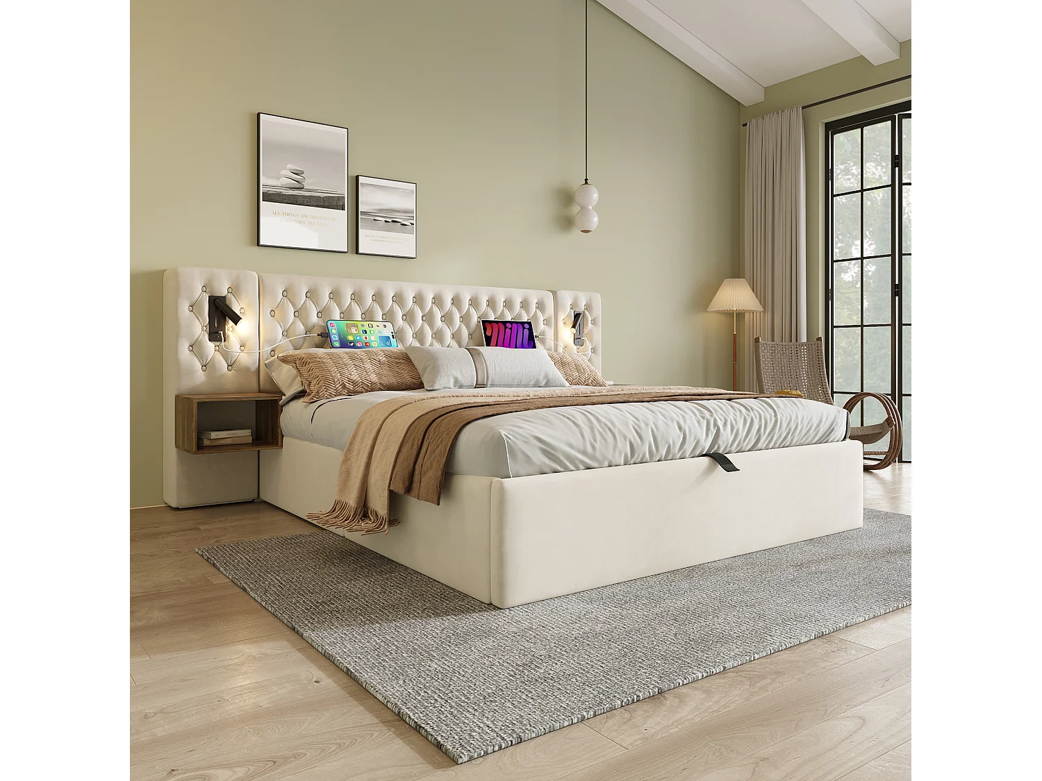 Lit coffre double 160x200cm avec 2 tables de chevet, liseuse et USB, velours beige, sans matelas