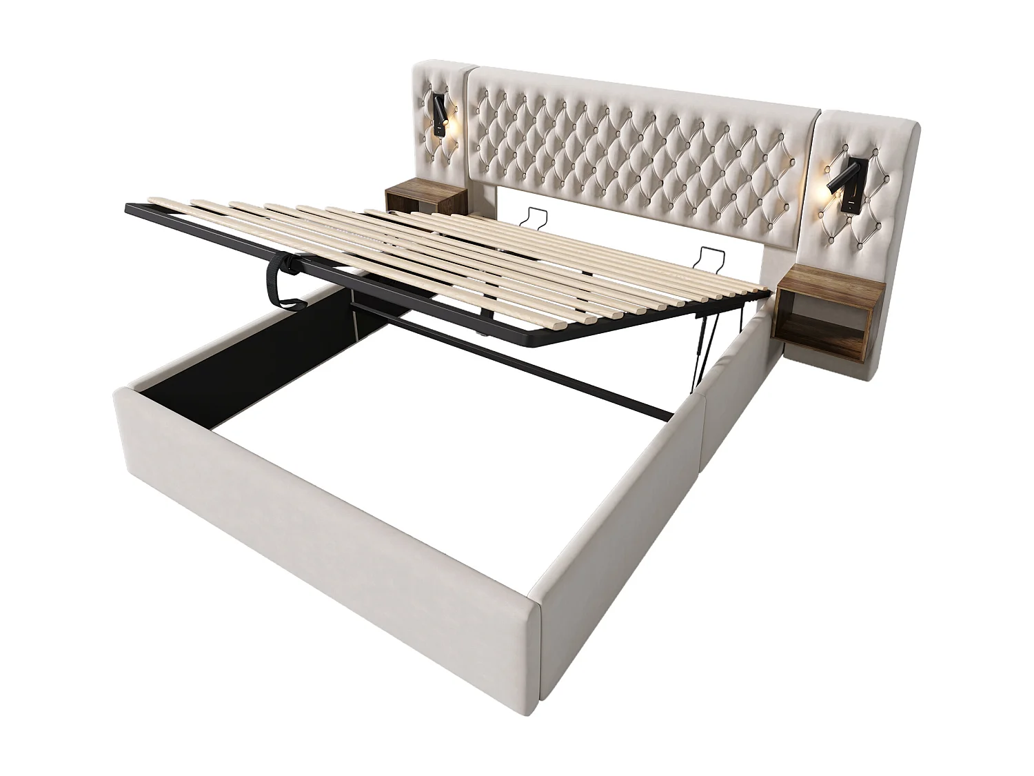 Lit coffre double 160x200cm avec 2 tables de chevet, liseuse et USB, velours beige, sans matelas