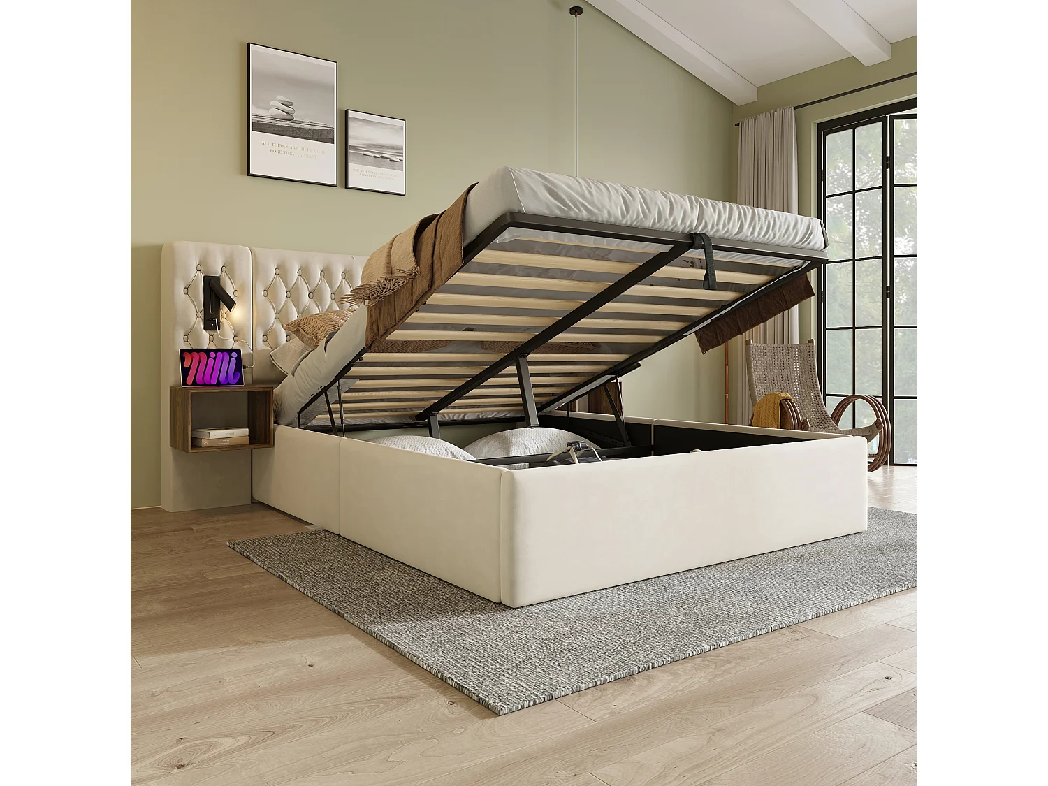 Lit coffre double 160x200cm avec 2 tables de chevet, liseuse et USB, velours beige, sans matelas