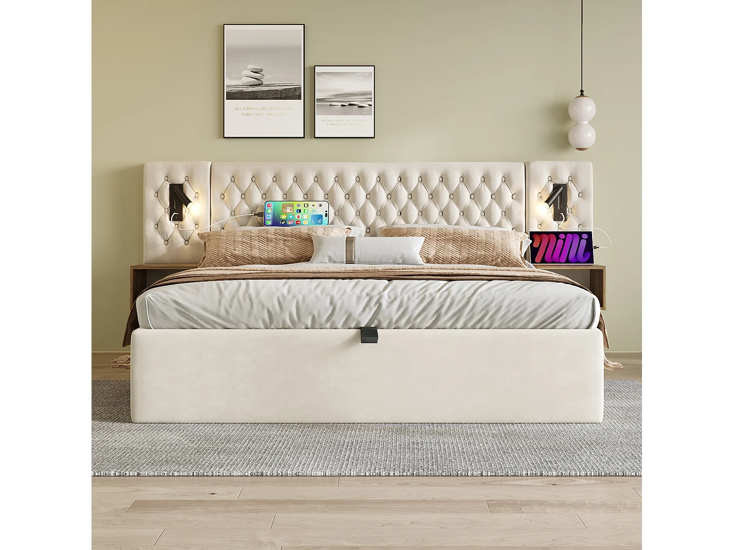 Lit coffre double 160x200cm avec 2 tables de chevet, liseuse et USB, velours beige, sans matelas