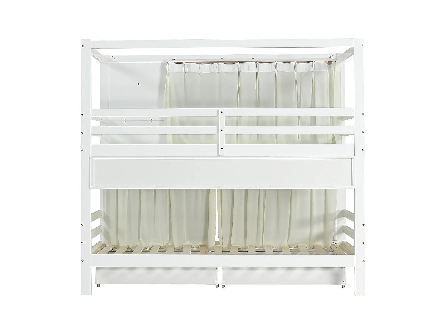 Lit superposé enfant 90x200cm avec 2 tiroirs, étagères et barrière de sécurité, pin + MDF, blanc + rose