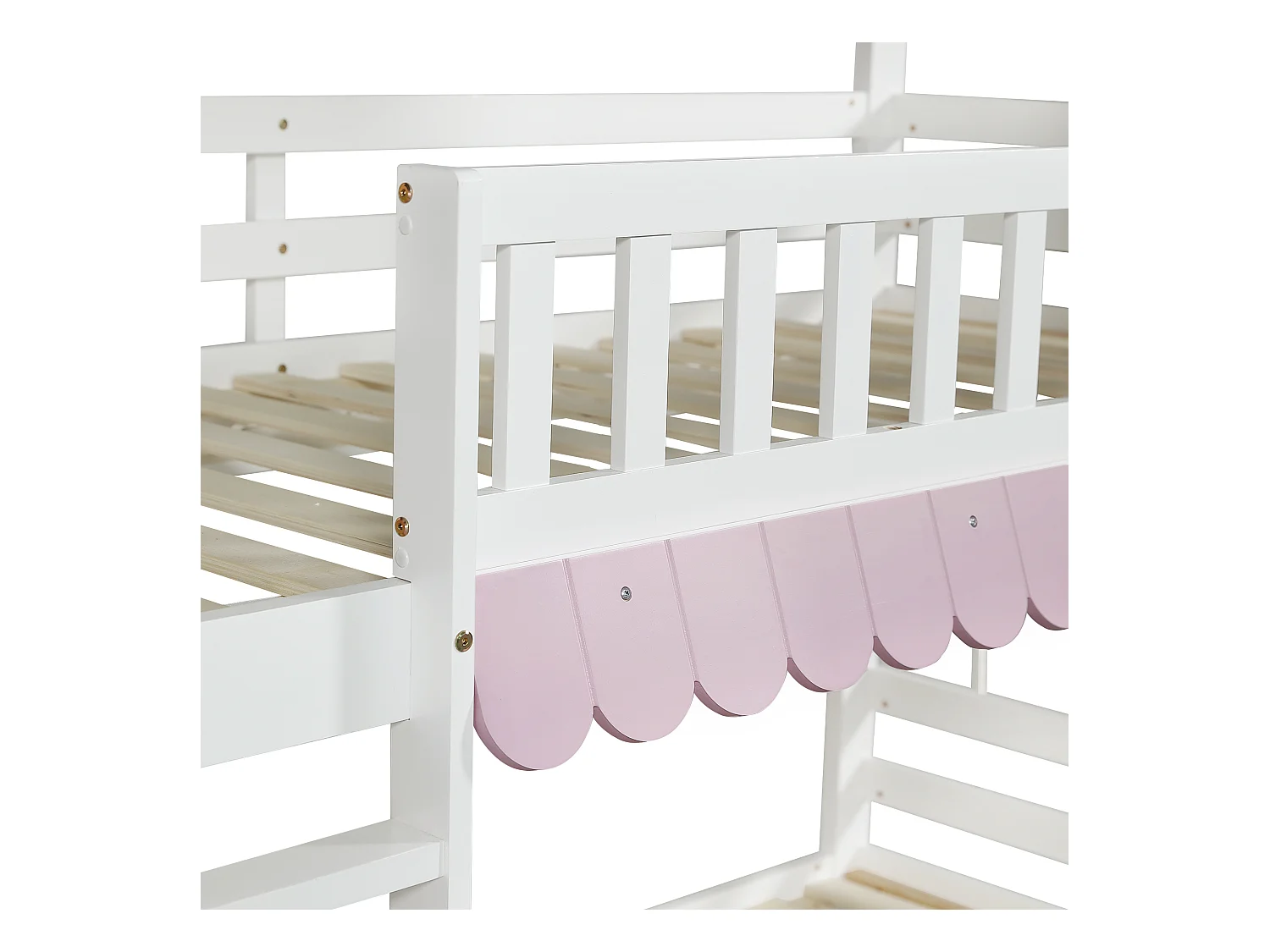 Lit superposé enfant 90x200cm avec 2 tiroirs, étagères et barrière de sécurité, pin + MDF, blanc + rose