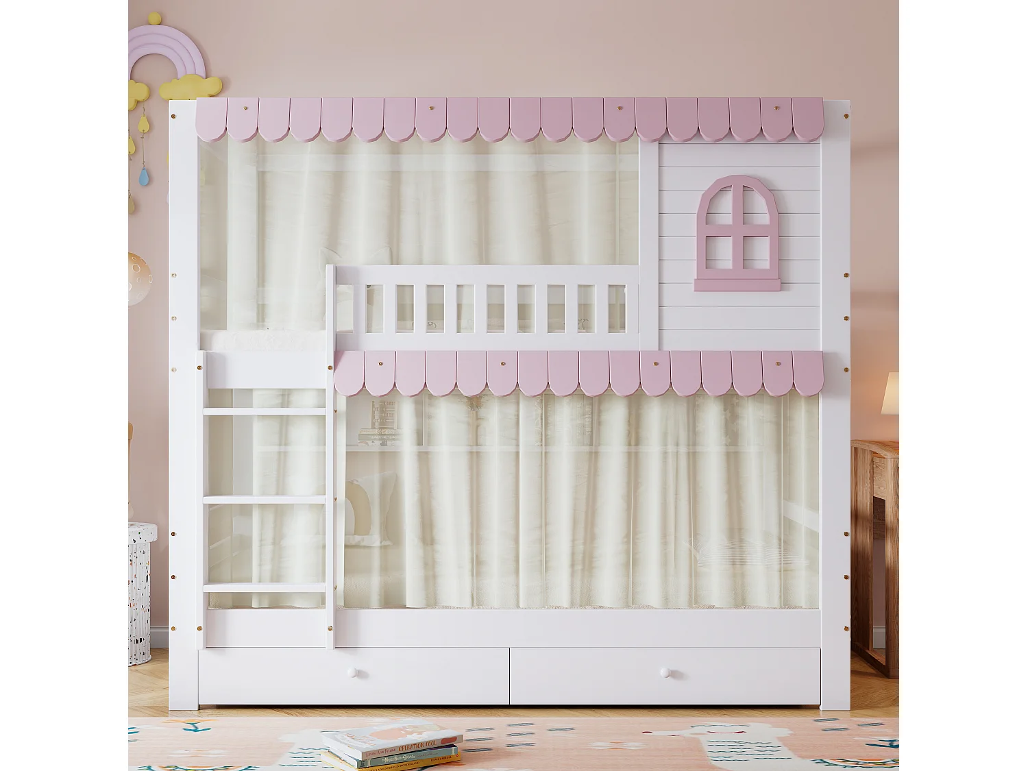 Lit superposé enfant 90x200cm avec 2 tiroirs, étagères et barrière de sécurité, pin + MDF, blanc + rose