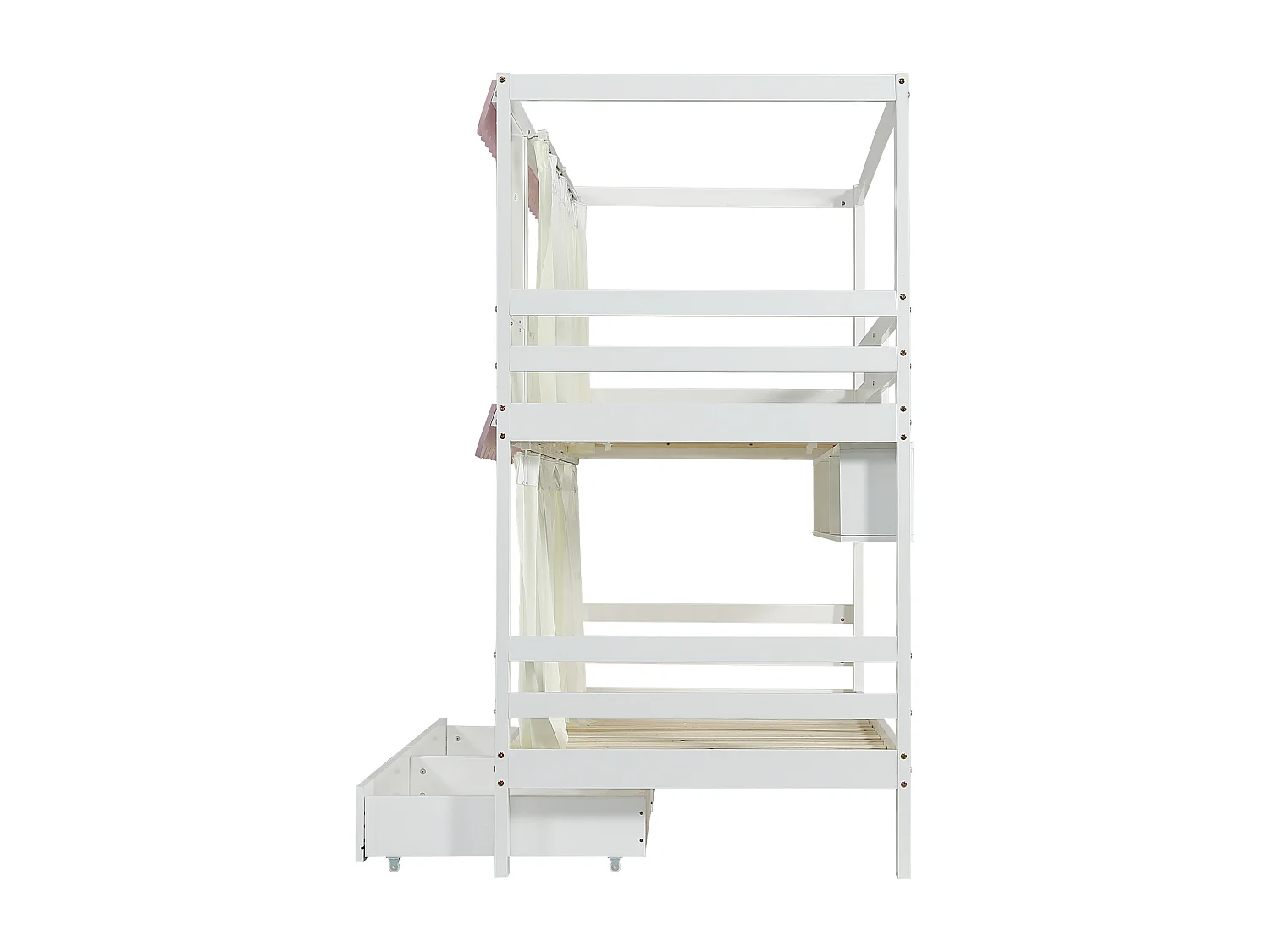 Lit superposé enfant 90x200cm avec 2 tiroirs, étagères et barrière de sécurité, pin + MDF, blanc + rose