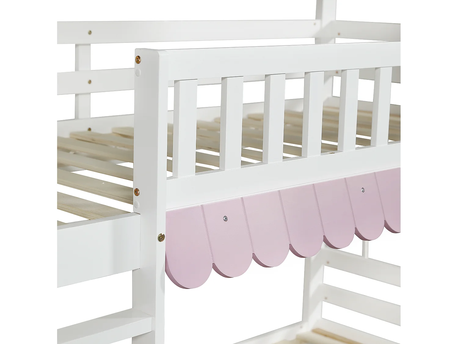 Lit superposé enfant 90x200cm avec 2 tiroirs, étagères et barrière de sécurité, pin + MDF, blanc + rose