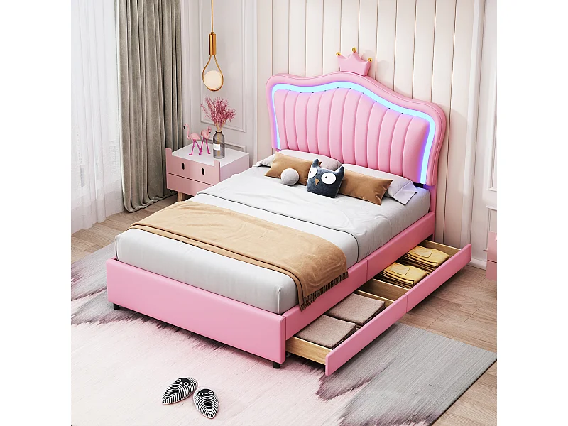 Lit princesse enfant rose 90x200cm avec 2 tiroirs et éclairage LED, tête de lit réglable, PU