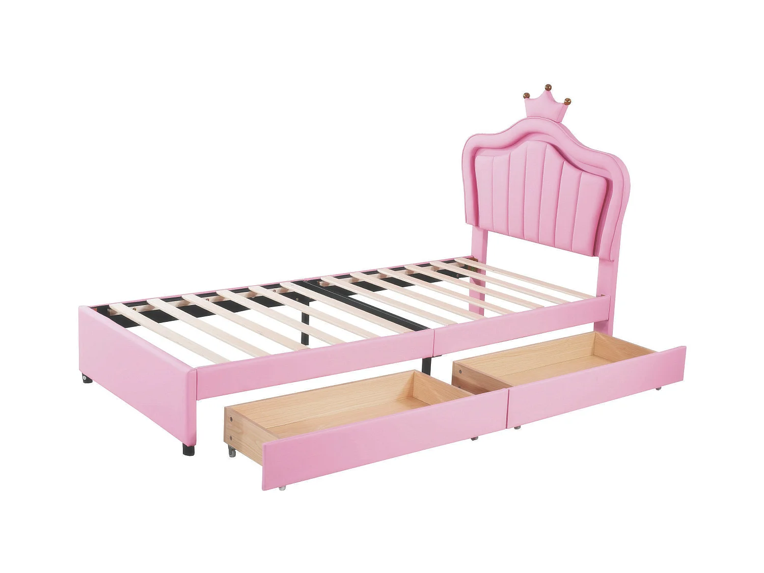 Lit princesse enfant rose 90x200cm avec 2 tiroirs et éclairage LED, tête de lit réglable, PU