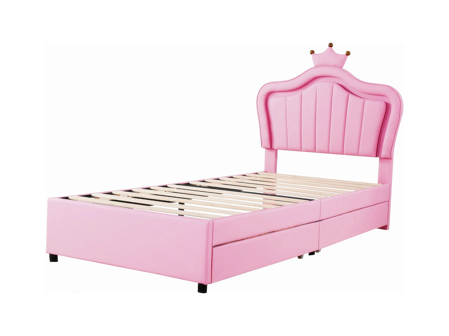 Lit princesse enfant rose 90x200cm avec 2 tiroirs et éclairage LED, tête de lit réglable, PU