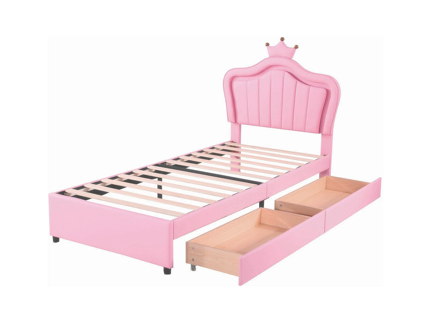 Lit princesse enfant rose 90x200cm avec 2 tiroirs et éclairage LED, tête de lit réglable, PU