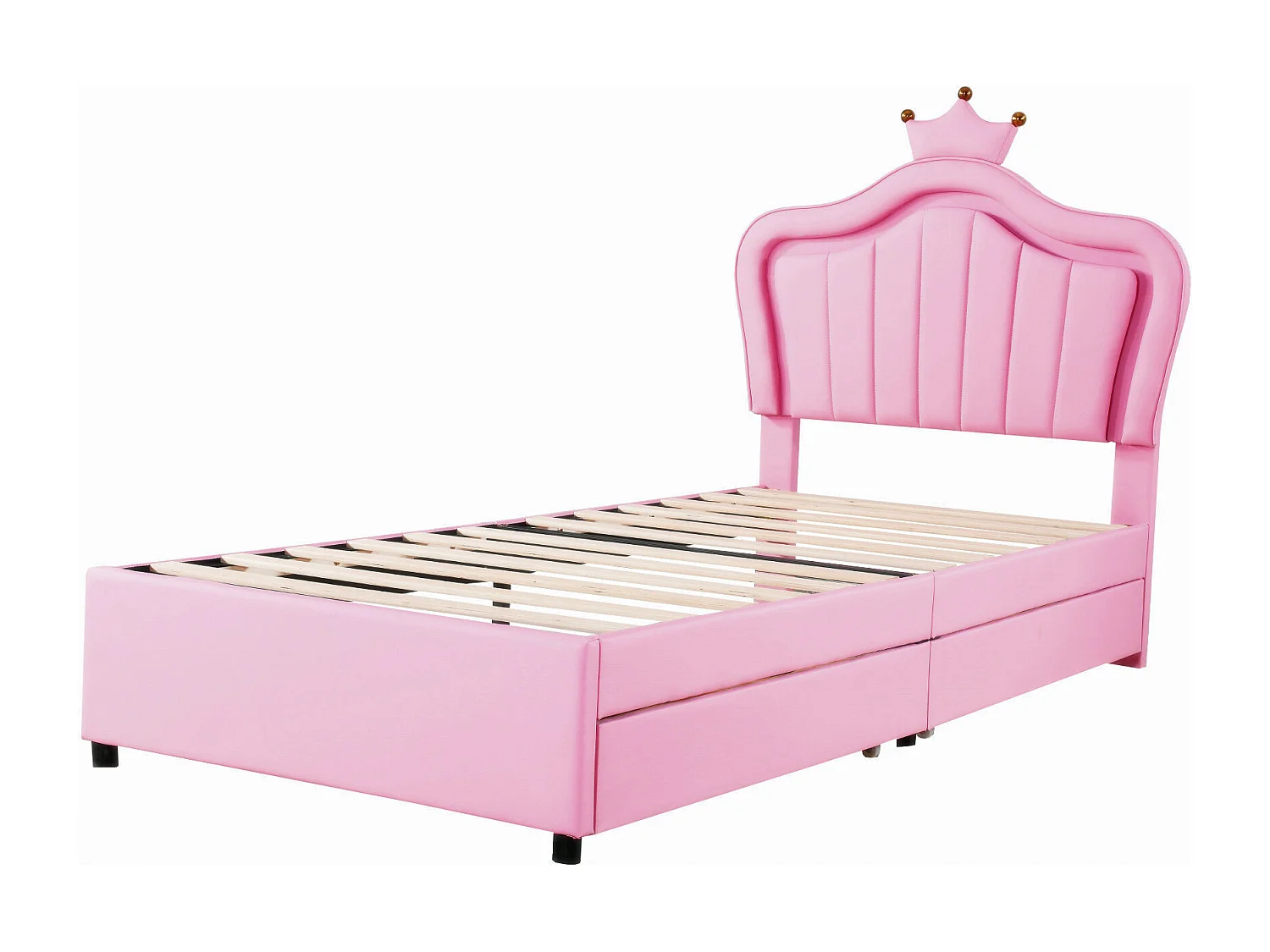 Lit princesse enfant rose 90x200cm avec 2 tiroirs et éclairage LED, tête de lit réglable, PU